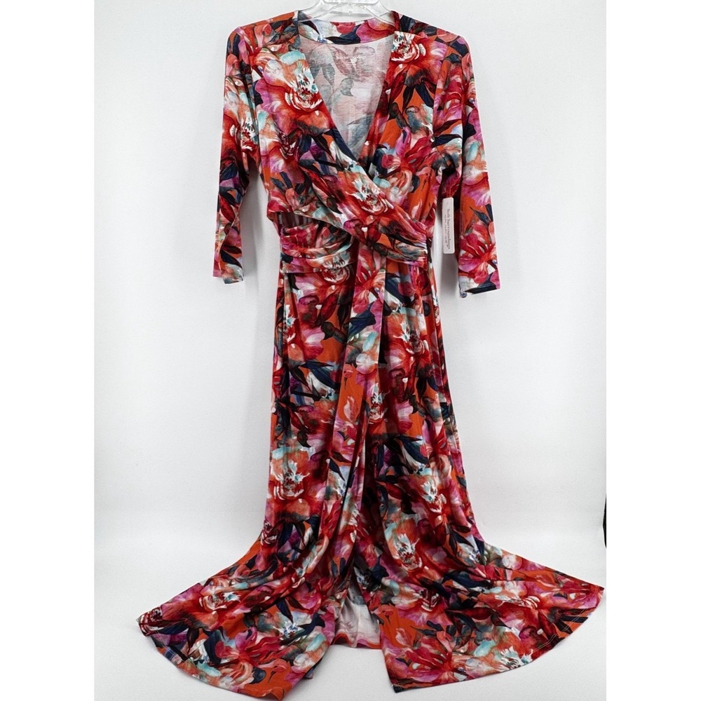 Soft Surroundings Le Jardin Wrap Dress Womens L Crimson Flora Red Floral Maxi
